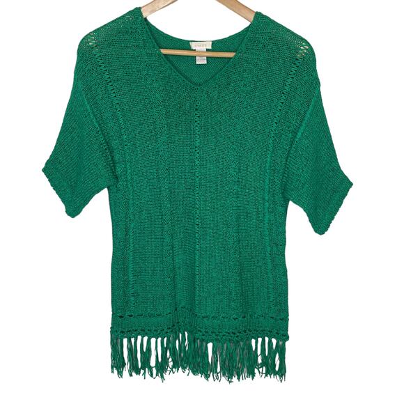 Chico's Shaina Woven Short Sleeve Green Top with Fringe Hem - Picture 1 of 4